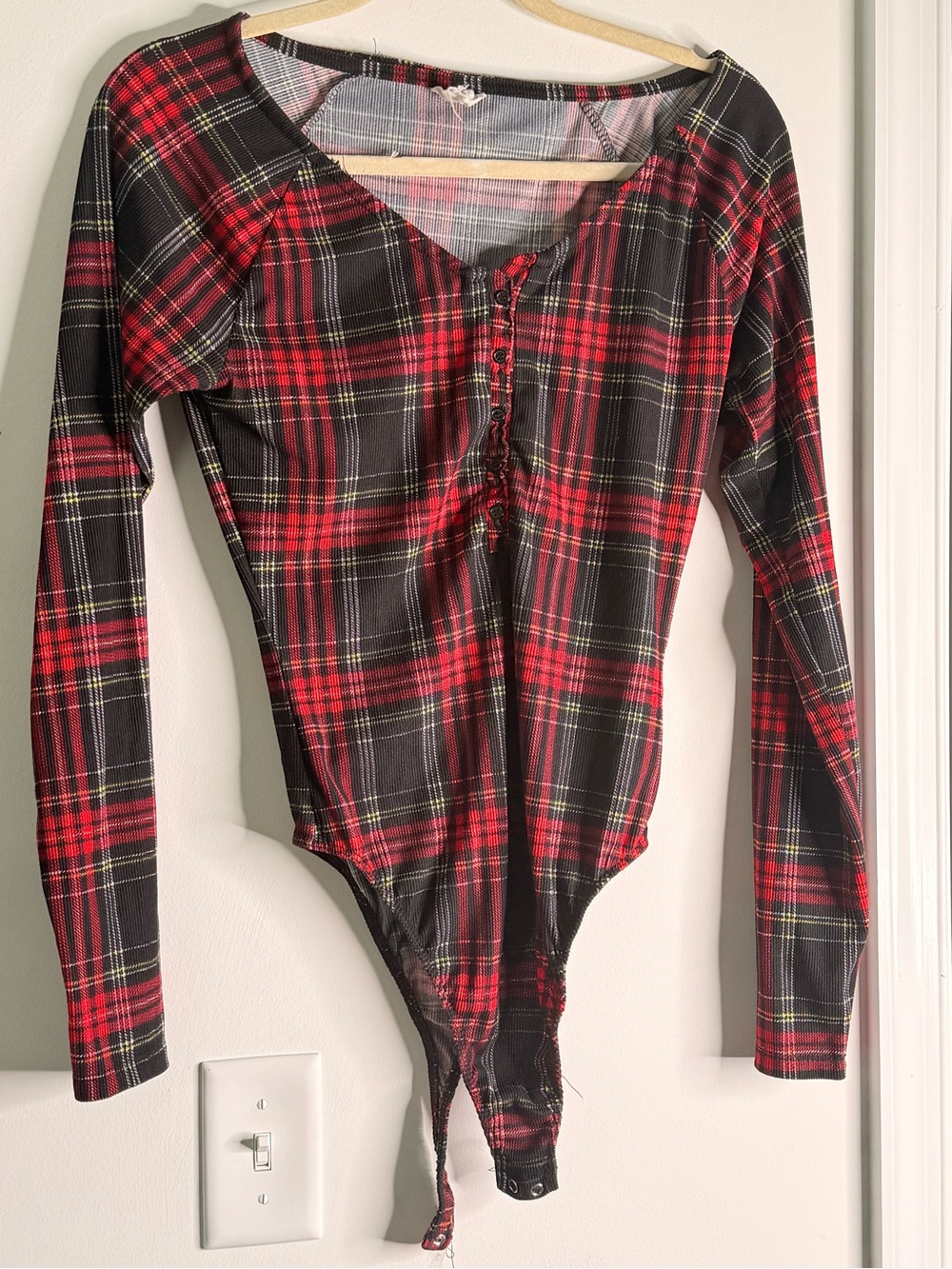 Red Plaid Long-Sleeve One-Piece Bodysuit for women